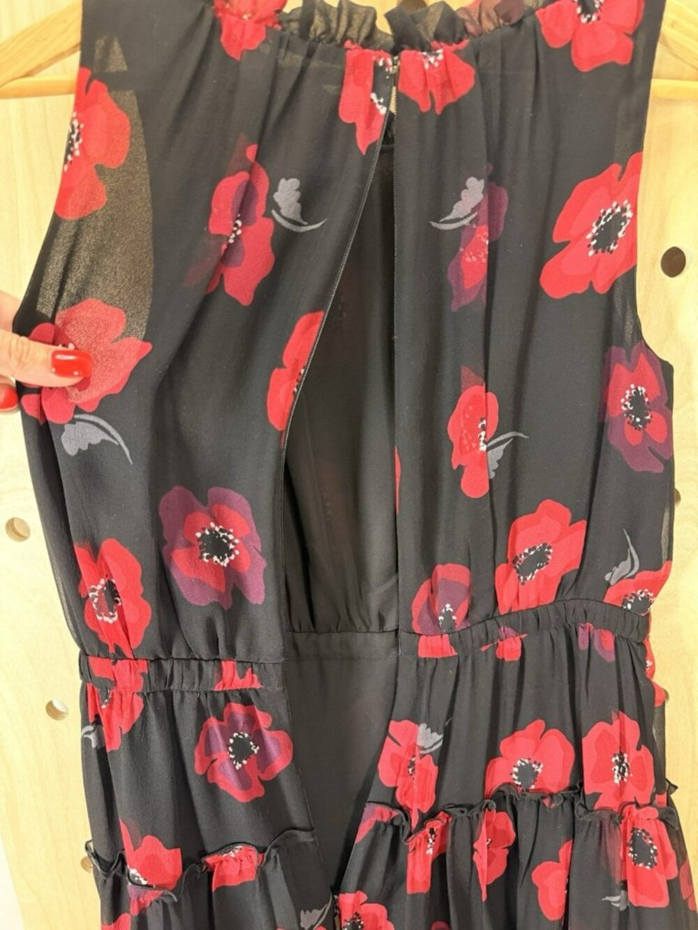 Kate Spade Poppy Chiffon Fit & Flare Mini Dress 6 Ruffles Red Black Silk Floral - Picture 12 of 16